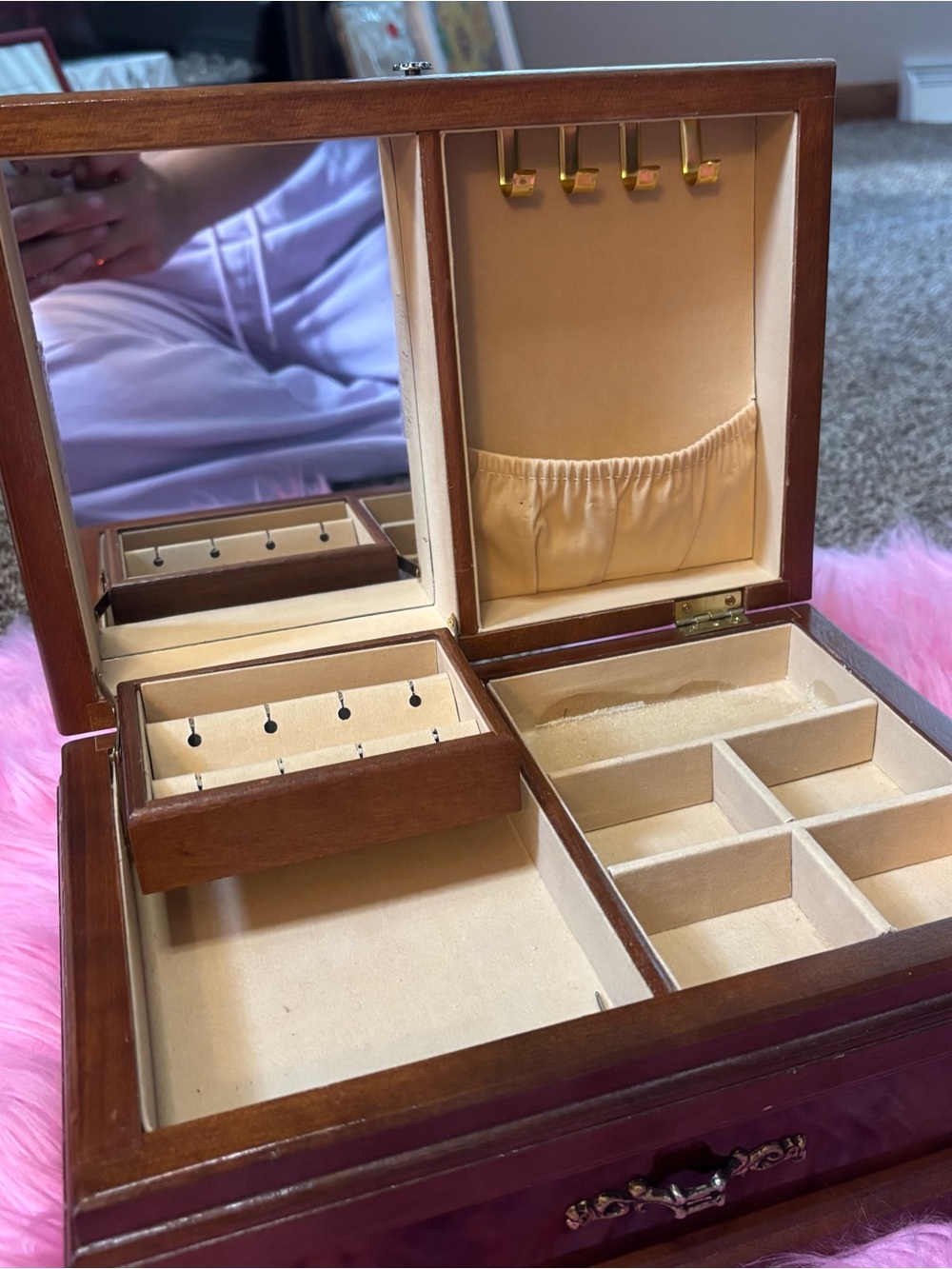 Vintage Powell Burl Wood Jewelry Box Mirror Drawer Necklace Hooks Taiwan